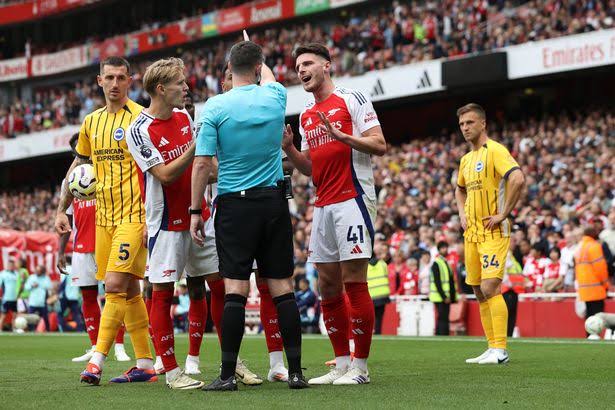 Declan Rice set to miss key game for Arsenal after sending off against Brighton, it could cost Mikel Arteta